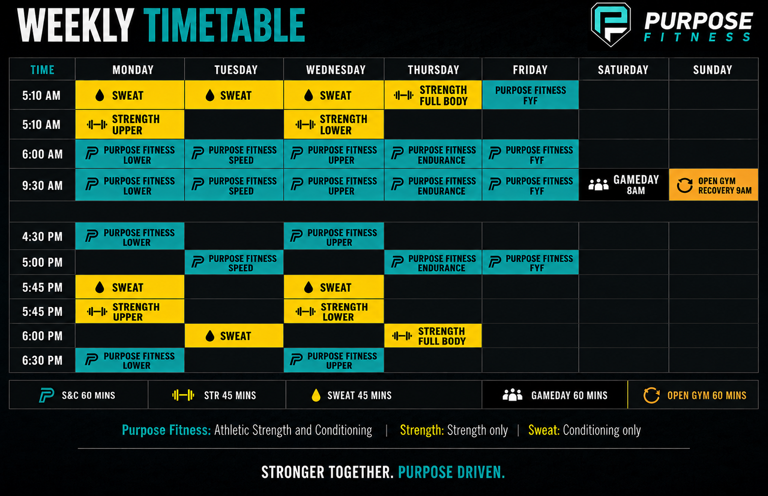 Purpose Fitness 2026 weekly timetable: coached sessions Monday to Friday, Saturday Game Day at 8am, and Sunday open gym recovery at 9am. Open the full timetable to inspect all session times.